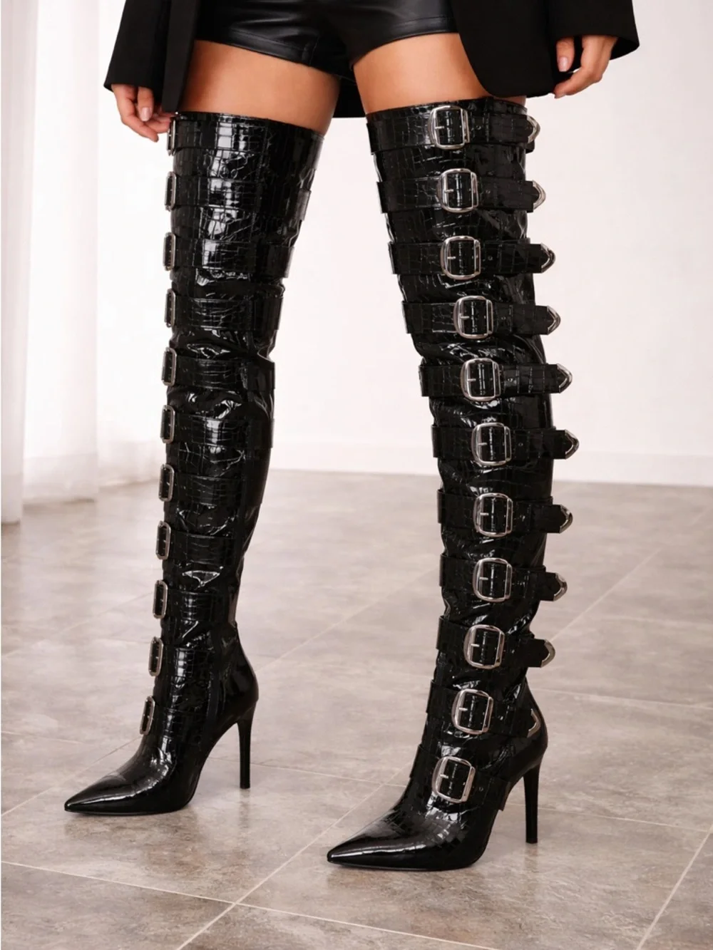 Black Croc Embossed Buckle Knee High Boots – CINZIA Goth Festival